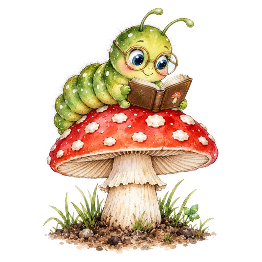 whimsical, caterpillar, mushroom, red mushroom, polka dot, gold glasses, reading, storybook, nature, woodland, forest, cream white, sage green, rust red, children's, baby, cute, charming, illustration, vintage, botanical, spring, summer, fairy tale, magical, educational, book lover, insects, garden theme
