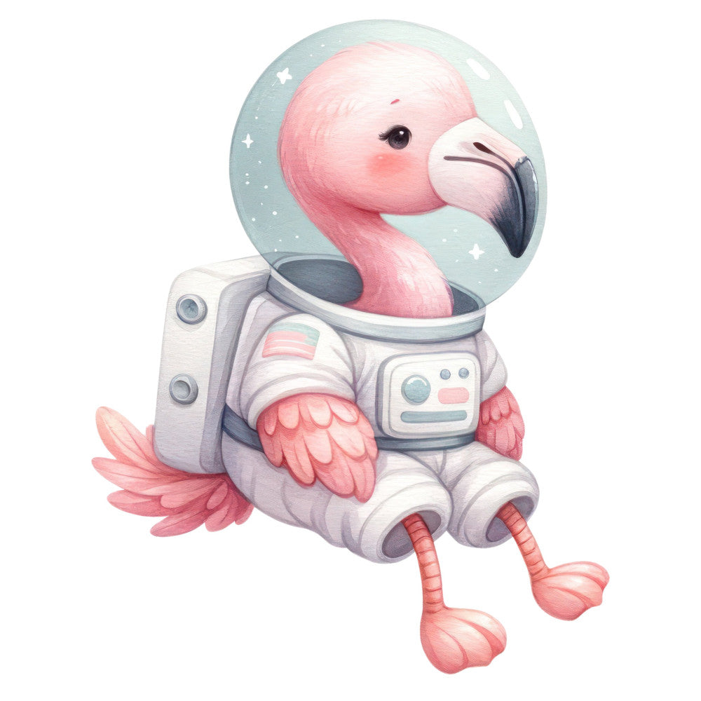 pink flamingo, pastel pink, soft blue, mint green, astronaut, space theme, celestial, whimsical, cute animal, bird, feathered wings, modern illustration, nursery, baby, children's, playful, dreamy, stars, spaceman suit, adventurous, cosmic, gender neutral, soft pastels, illustrated, decorative, wall art, bedding, apparel fabric