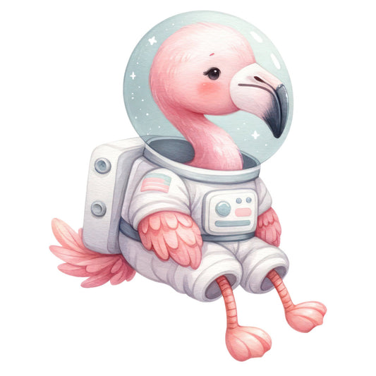 pink flamingo, pastel pink, soft blue, mint green, astronaut, space theme, celestial, whimsical, cute animal, bird, feathered wings, modern illustration, nursery, baby, children's, playful, dreamy, stars, spaceman suit, adventurous, cosmic, gender neutral, soft pastels, illustrated, decorative, wall art, bedding, apparel fabric