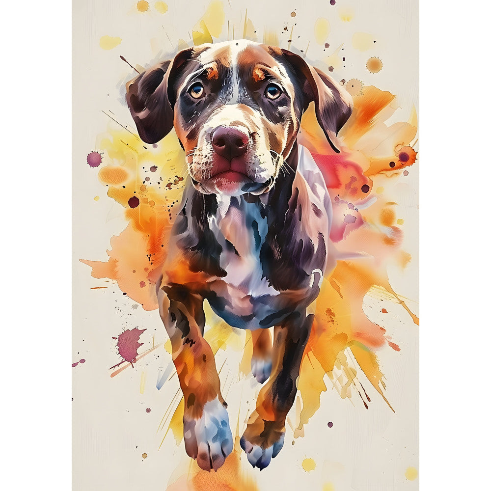 dog, watercolor, splatter, abstract, brown, white, orange, yellow, blue, rust, burgundy, tan, cream, colorful, artistic, modern, contemporary, animal portrait, pet lover, expressive, ink wash, dynamic, energetic, home decor, wall art, decorative, whimsical, vibrant, mixed media style