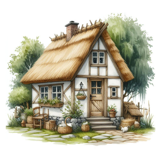 cottage core, thatched roof, fairy tale, storybook, whimsical, rustic, farmhouse, cream, beige, tan, brown, forest green, sage green, vintage, country, pastoral, cottage, English cottage, half-timbered, architectural, garden, nature, peaceful, charming, heritage, traditional, illustrative, detailed, narrative scene, baskets