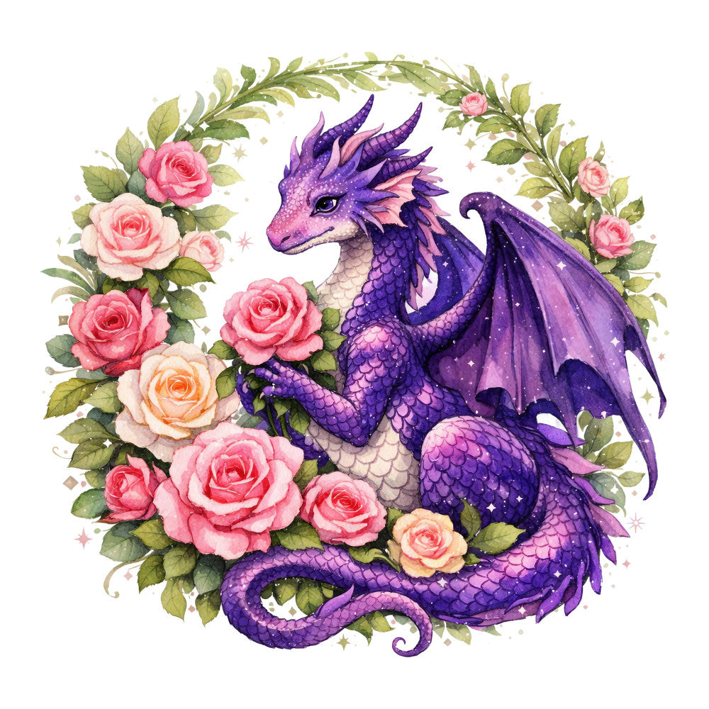 purple dragon, pink roses, fantasy creature, celestial, whimsical, magical, dragon with flowers, coral pink, dusty rose, pale peach, forest green, deep purple, lavender, floral wreath, nature, mythical, enchanted, elegant, romantic, botanical, spring, garden, decorative panel, wall hanging, fantasy art, scaled texture, dragon illustration, rose motifs, leafy vines, sparkles