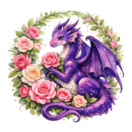 purple dragon, pink roses, fantasy creature, celestial, whimsical, magical, dragon with flowers, coral pink, dusty rose, pale peach, forest green, deep purple, lavender, floral wreath, nature, mythical, enchanted, elegant, romantic, botanical, spring, garden, decorative panel, wall hanging, fantasy art, scaled texture, dragon illustration, rose motifs, leafy vines, sparkles