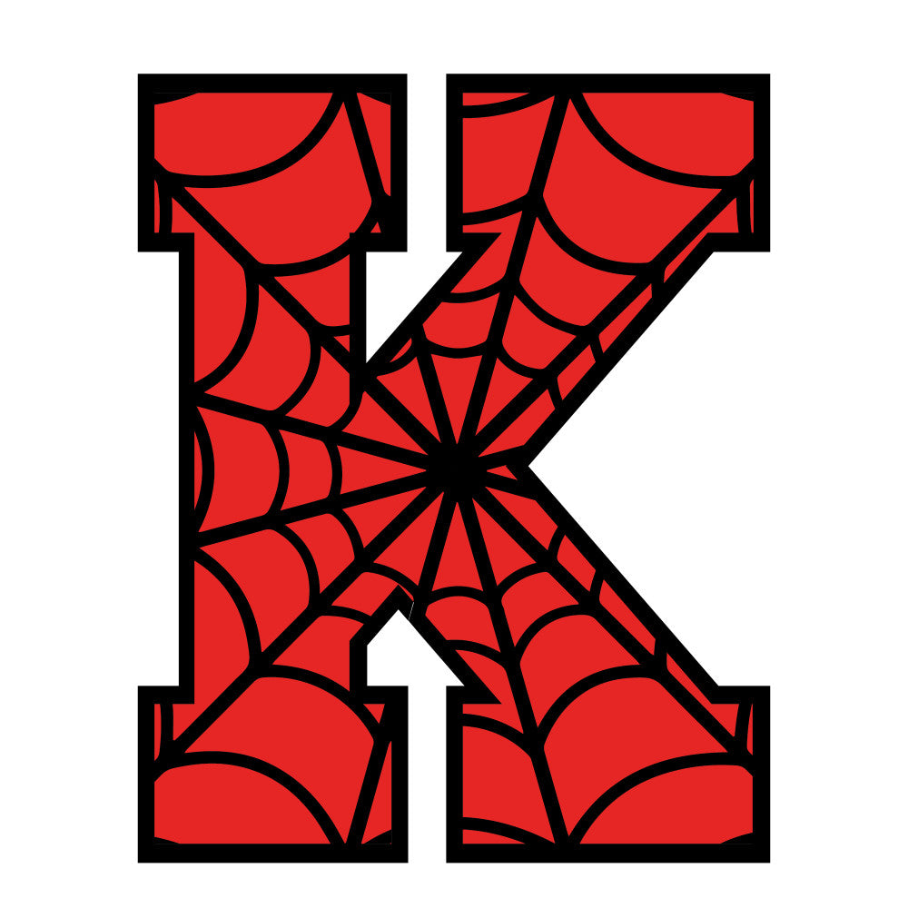 red, black, spider web, alphabet letter, k letter, web pattern, radial design, geometric lines, arachnid theme, fabric panel, quilting cotton, bold colors, halloween theme, spooky design, craft material, sewing project, vibrant red, contrasting colors, letter design, web motif