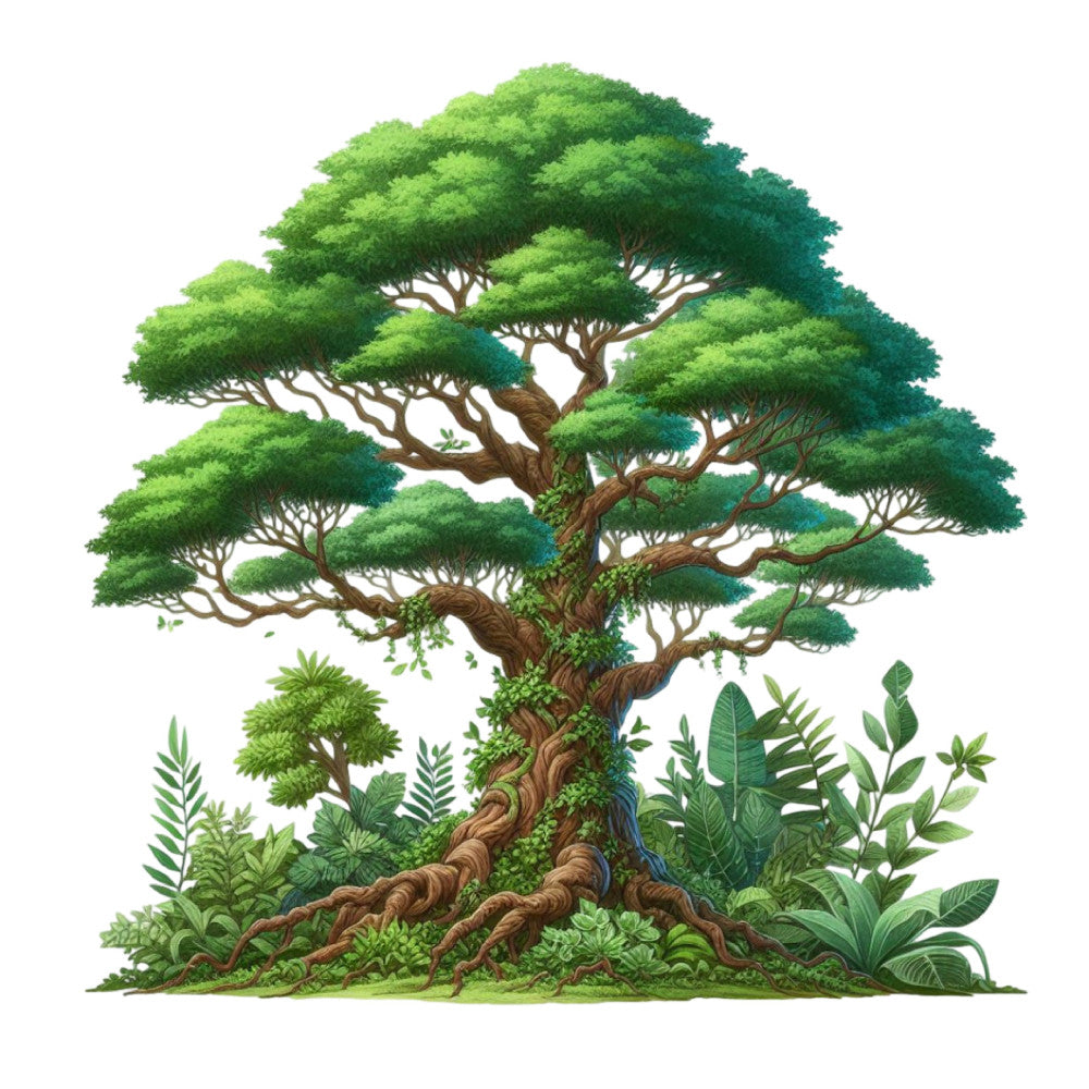 forest green, sage green, lime green, olive green, tan, brown, woodland, nature, tree, botanical, leaves, foliage, plants, naturalistic, detailed illustration, whimsical, organic, earthy, rustic, zen, peaceful, garden, tropical, lush, spring, summer, landscape, environmental, detailed art