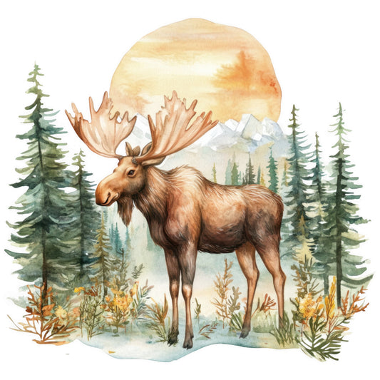 moose, wildlife scene, forest landscape, evergreen trees, pine trees, mountain backdrop, watercolor style, nature illustration, brown moose, antlers, sunset colors, warm tones, beige, orange, green foliage, fabric panel, quilting cotton, wilderness theme, outdoor scene, animal portrait, scenic design