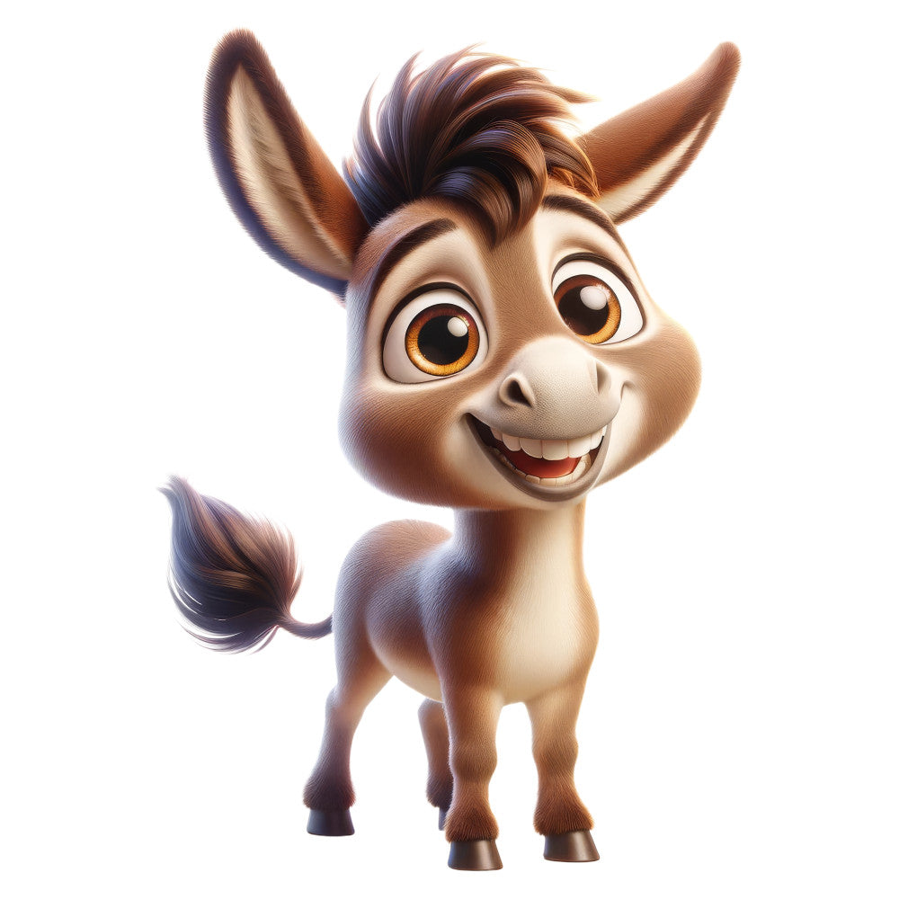 cartoon donkey, animated animal, brown and tan, cream white, golden yellow, whimsical character, playful expression, children's fabric, kid-friendly, smiling donkey, cute animal face, happy expression, farmyard theme, nursery decor, baby quilt, children's clothing, storybook character, cheerful design, animal character, fun and playful, colorful character, large-scale print, character panel, friendly face, expressive eyes, animal portrait, toddler fabric, playful style, family-friendly