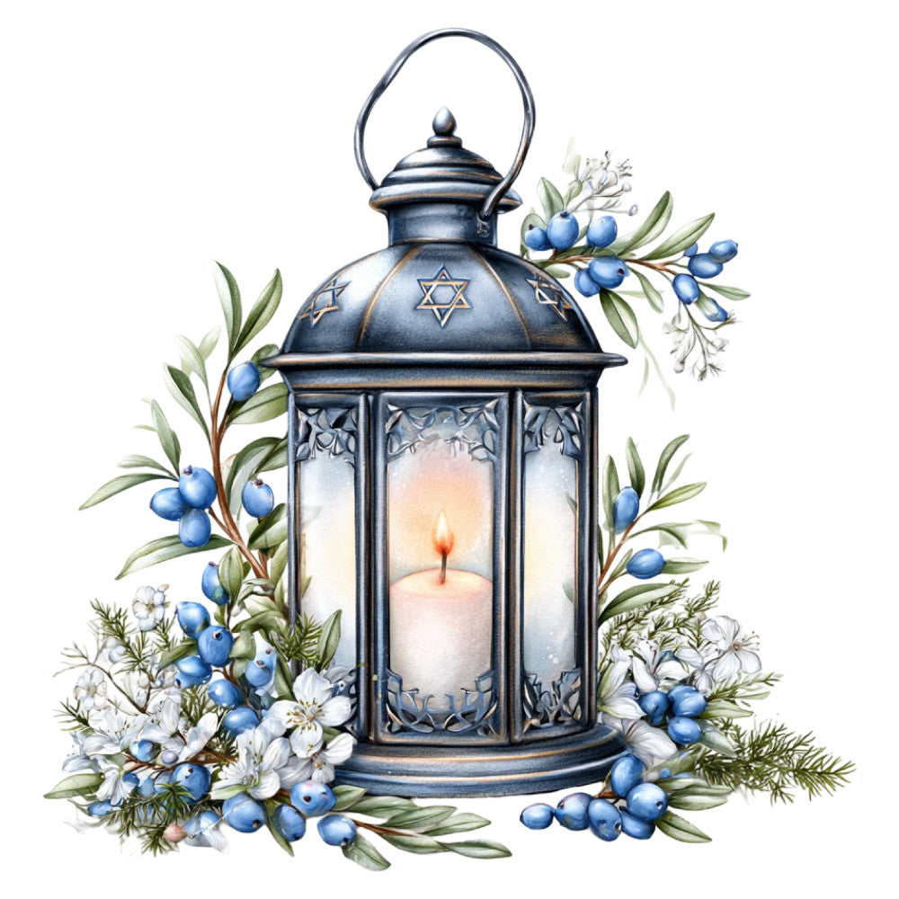navy blue, metallic gold, white, cream, blueberries, botanical, floral, star of david, jewish, religious, spiritual, lantern, candle, elegant, traditional, vintage, nature, botanical illustration, berries, leaves, delicate, peaceful, memorial, hanukkah, judaica, sympathy, contemplative, heritage, classic