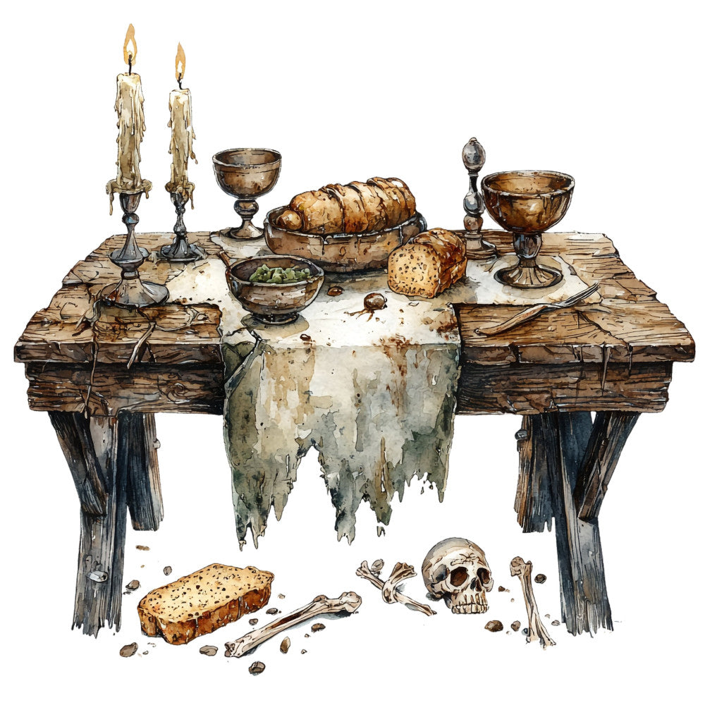macabre, skull, bones, dark academia, gothic, vintage, steampunk, occult, witchy, mysterious, brown, tan, cream, grey, grayscale, candlesticks, bread, candles, table setting, vanitas, memento mori, skeleton, dark theme, moody, antique, historical, still life, rustic, aged, distressed