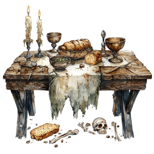 macabre, skull, bones, dark academia, gothic, vintage, steampunk, occult, witchy, mysterious, brown, tan, cream, grey, grayscale, candlesticks, bread, candles, table setting, vanitas, memento mori, skeleton, dark theme, moody, antique, historical, still life, rustic, aged, distressed