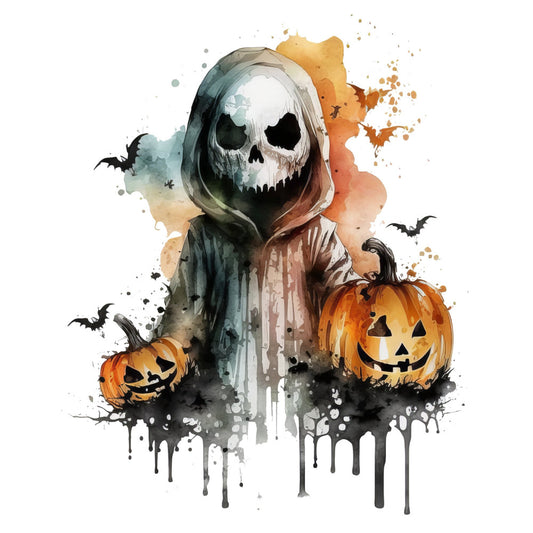 grim reaper, halloween, skull, pumpkin, jack-o-lantern, autumn, fall, orange, black, gray, teal, watercolor, abstract, spooky, creepy, gothic, dark, horror, bats, festive, seasonal, trick-or-treat, haunted, costume, wall hanging, decorative panel, watercolor splatter, whimsical dark