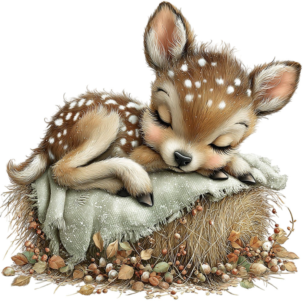 sleeping fawn, cute deer, woodland animals, nature themed, baby animals, forest creatures, whimsical, gentle, soft illustration, brown, cream, tan, taupe, sage green, neutral colors, autumn leaves, dried botanicals, natural elements, nursery decor, baby quilt, wall hanging, children's fabric, storybook style, pastoral, rustic charm, sweet animals, wildlife, peaceful scene, springtime, gentle nature