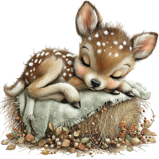 sleeping fawn, cute deer, woodland animals, nature themed, baby animals, forest creatures, whimsical, gentle, soft illustration, brown, cream, tan, taupe, sage green, neutral colors, autumn leaves, dried botanicals, natural elements, nursery decor, baby quilt, wall hanging, children's fabric, storybook style, pastoral, rustic charm, sweet animals, wildlife, peaceful scene, springtime, gentle nature