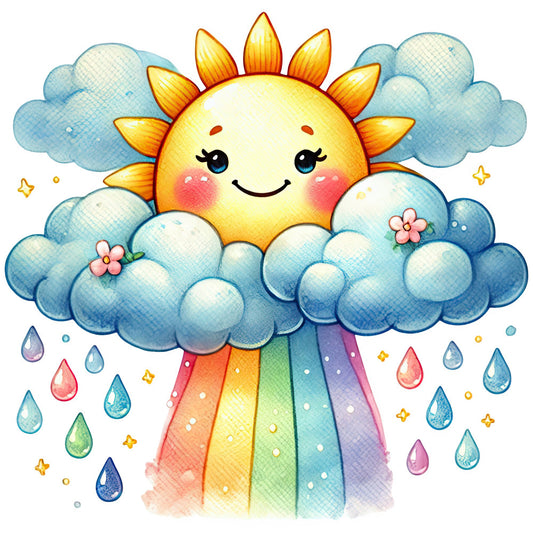 cheerful sun, happy clouds, rainbow, raindrop, pastel yellow, sky blue, cloud white, coral pink, blush pink, whimsical, smiling sun face, nature, weather, spring, summer, celestial, cute, children's, baby, nursery, playful, magical, colorful, stars, flowers, sunny day, cheerful, bright