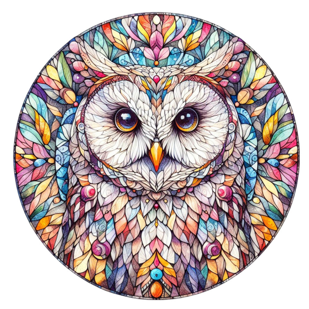 stained glass, owl, mandala, circular design, multicolored, rainbow colors, purple eyes, orange beak, white feathers, geometric patterns, kaleidoscope, symmetrical, decorative border, fabric panel, quilting cotton, vibrant hues, blue accents, pink highlights, yellow details, intricate artwork