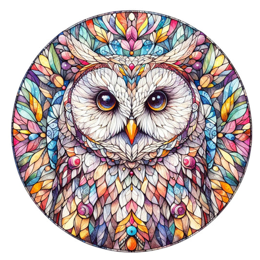 stained glass, owl, mandala, circular design, multicolored, rainbow colors, purple eyes, orange beak, white feathers, geometric patterns, kaleidoscope, symmetrical, decorative border, fabric panel, quilting cotton, vibrant hues, blue accents, pink highlights, yellow details, intricate artwork
