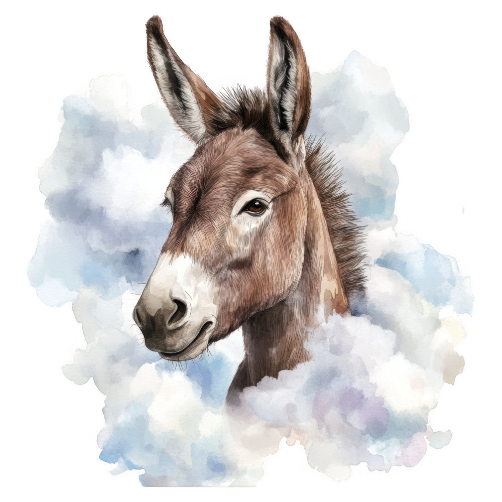 donkey, watercolor, cloud, animals, farm, farmhouse, whimsical, gentle, soft, brown, tan, beige, cream, white, blue, sky blue, peaceful, nature, rustic, children, kids, baby, portrait, head study, dreamy, illustrative, hand-painted, cottage core, sweet, adorable