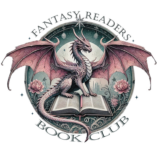 Fantasy Readers Book Club Book Fabric Panel 1 features a detailed dragon perched on an open book with floral and moonlit background.