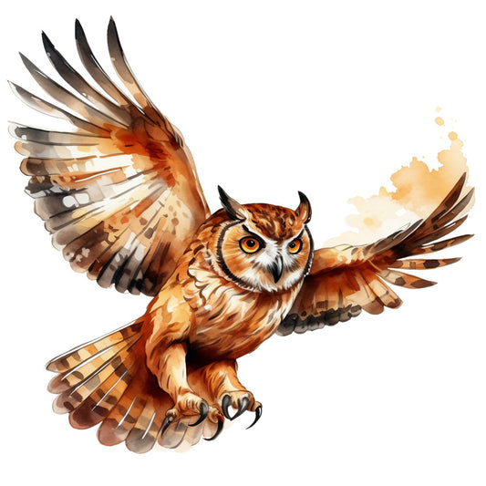 watercolor, owl, flying owl, bird, wildlife, orange, brown, amber, cream, rust, burnt orange, wings spread, feathers, talons, artistic style, painterly, fabric panel, quilting cotton, nature theme, bird lover, warm tones, golden hues