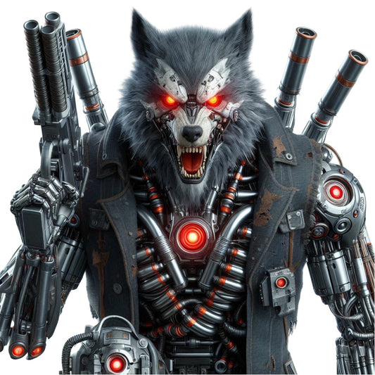 steampunk wolf, cybernetic animal, futuristic, sci-fi, mechanical, industrial, dark gray, charcoal, gunmetal, red glowing eyes, technology, dystopian, robot wolf, neon accents, gear motif, sci-fi themed, modern, edgy, bold, dramatic, action-themed, gamer fabric, tech enthusiast, metallic details, warrior aesthetic, contemporary, striking, high-tech, mechanical beast, science fiction