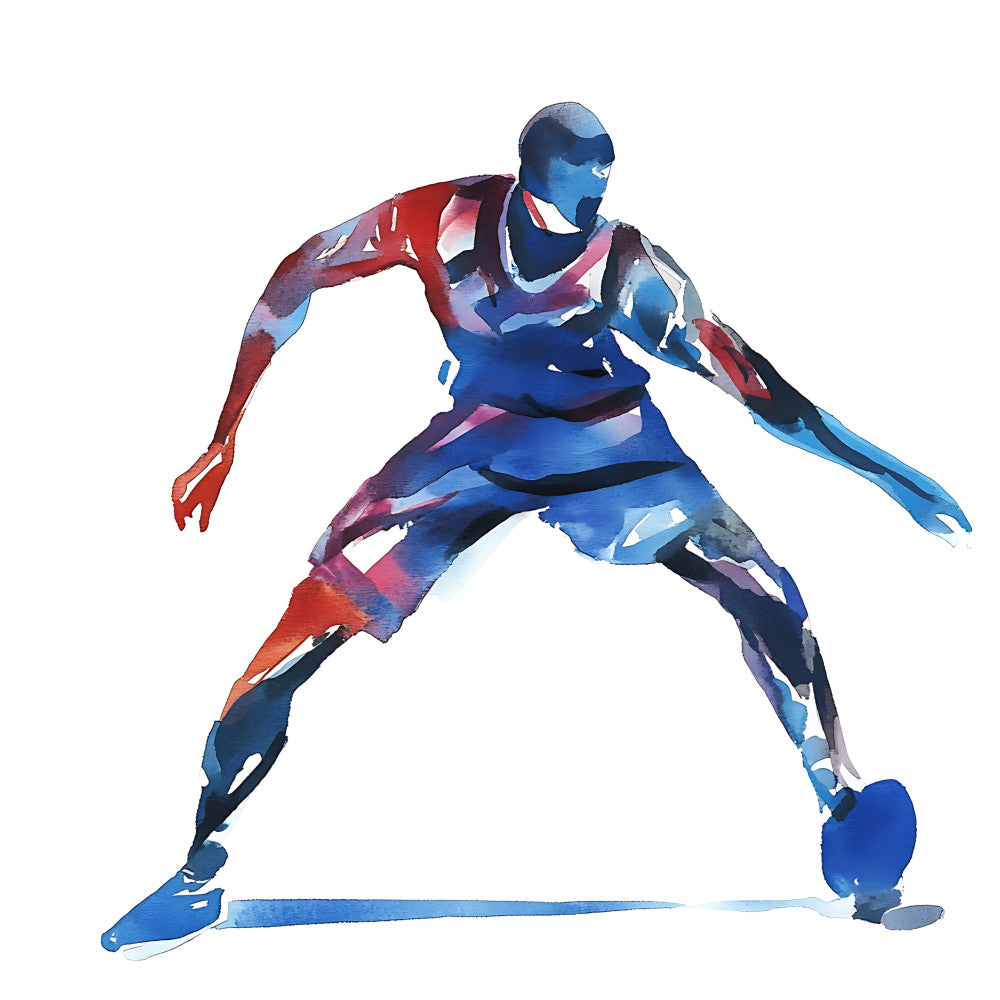 watercolor, abstract, sports, athletic, figure, geometric, blue, red, navy blue, coral red, white, modern, dynamic, action pose, male figure, contemporary, artistic, paint effect, splatter, vibrant, energetic, strength, movement, indoor sports, gym wear, fitness, professional sports, bold colors, mixed media, illustration style