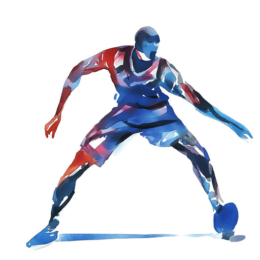 watercolor, abstract, sports, athletic, figure, geometric, blue, red, navy blue, coral red, white, modern, dynamic, action pose, male figure, contemporary, artistic, paint effect, splatter, vibrant, energetic, strength, movement, indoor sports, gym wear, fitness, professional sports, bold colors, mixed media, illustration style