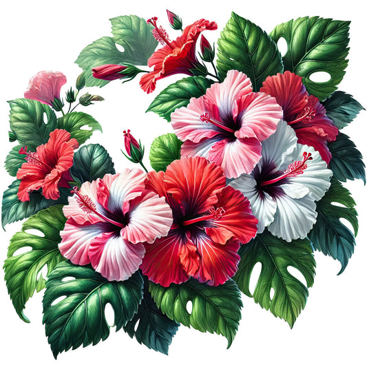hibiscus, tropical flowers, pink hibiscus, red hibiscus, white hibiscus, deep red, coral red, soft pink, white flowers, green leaves, dark green foliage, floral pattern, botanical, nature theme, tropical theme, summer, spring, elegant, vibrant, bold florals, large scale flowers, colorful, multi-colored, garden flowers, lush, romantic, wall hanging, home decor