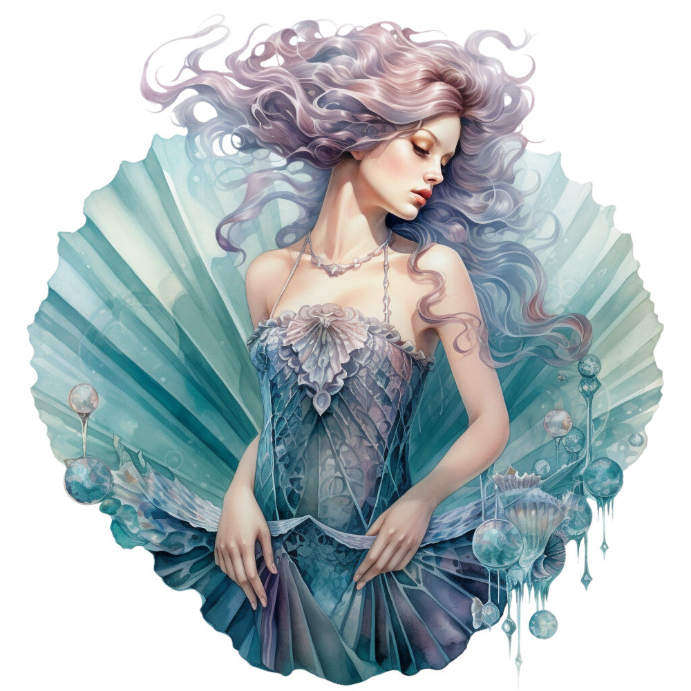mermaid, ocean themed, teal, aqua, seafoam green, purple, lavender, flowing hair, seashell dress, underwater scene, fantasy art, ethereal, watercolor style, fabric panel, quilting cotton, sea goddess, mythical creature, bubble details, romantic illustration, coastal design