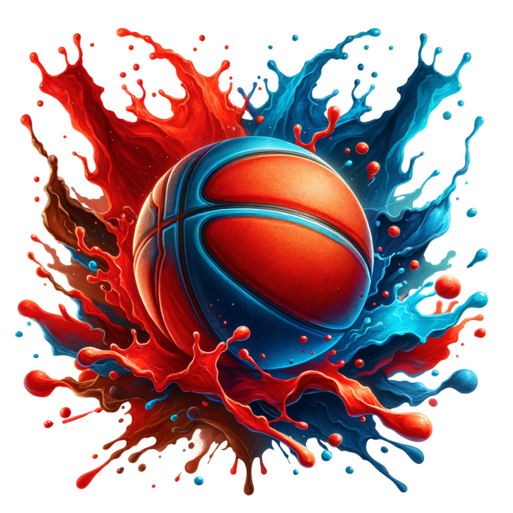 basketball, watercolor style, red orange, turquoise blue, paint splash, sports theme, dynamic motion, liquid paint, fabric panel, quilting cotton, energetic design, athletic motif, splash effect, vibrant colors, modern art, sports decor, paint drops, fluid movement, contemporary style, craft fabric