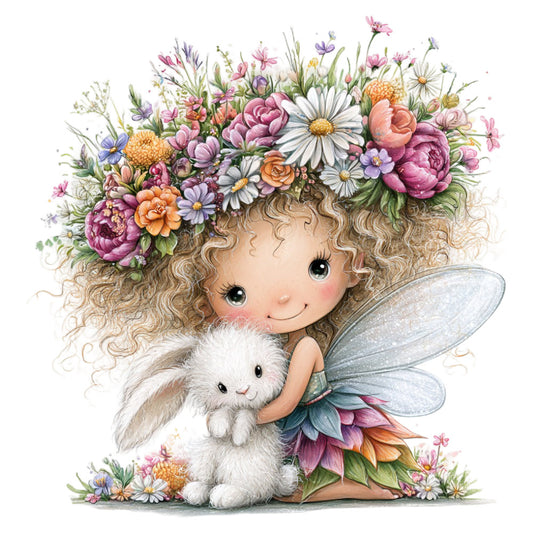 fairy, whimsical, pastel pink, cream, soft purple, dusty rose, sage green, golden yellow, floral, flowers, peonies, daisies, roses, bunny rabbit, cute animals, girl, curly hair, butterfly wings, nature, spring, garden, fantasy, magical, dreamy, children's, baby, sweet, gentle, storybook illustration, vintage illustration style