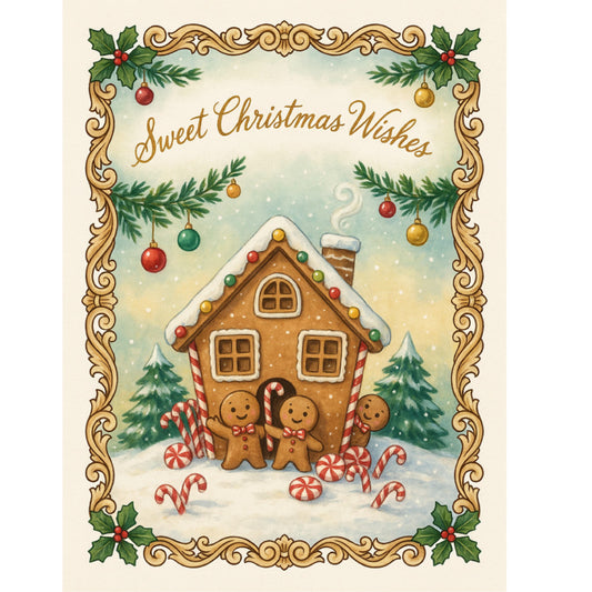 gingerbread house, christmas, holiday, winter, snow, gingerbread man, candy cane, peppermint, ornaments, festive, traditional, whimsical, vintage, cream, gold, brown, red, green, forest green, candy, sweet, cozy, warm, seasonal, christmas decoration, nostalgic, classic, elegant, charming, snowy scene