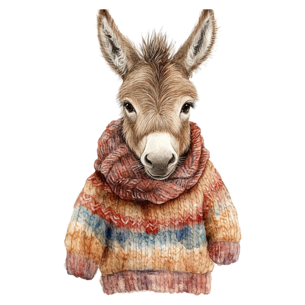 donkey, animal, woodland, whimsical, children's, nursery, baby, sweater, knit pattern, rust, terracotta, cream, beige, tan, slate blue, striped, cozy, cute, playful, farmhouse, rustic, sweet, illustration, character, portrait, clothing, apparel, autumn, warm tones, gender neutral
