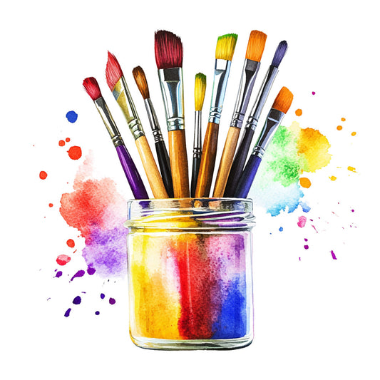 paintbrushes, art supplies, watercolor, rainbow colors, red, blue, yellow, green, purple, orange, glass jar, paint splatters, creative, artistic, vibrant colors, craft theme, studio supplies, colorful bristles, paint drops, fabric panel