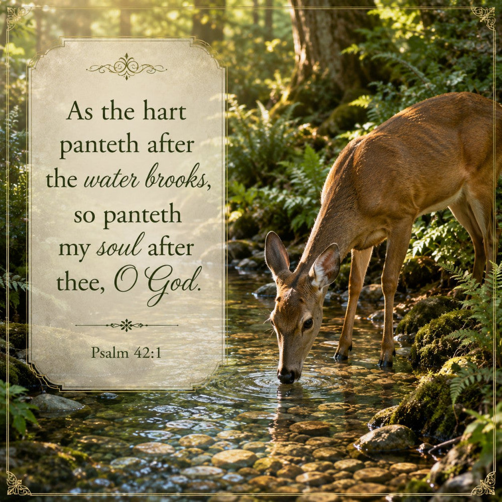 deer, woodland, nature, forest, scripture, inspirational, bible verse, psalm, spiritual, religious, water brook, stream, animals, wildlife, rustic, elegant, traditional, earth tones, brown, tan, cream, sage green, moss green, serene, peaceful, contemplative, vintage, natural, landscape, woodland creatures