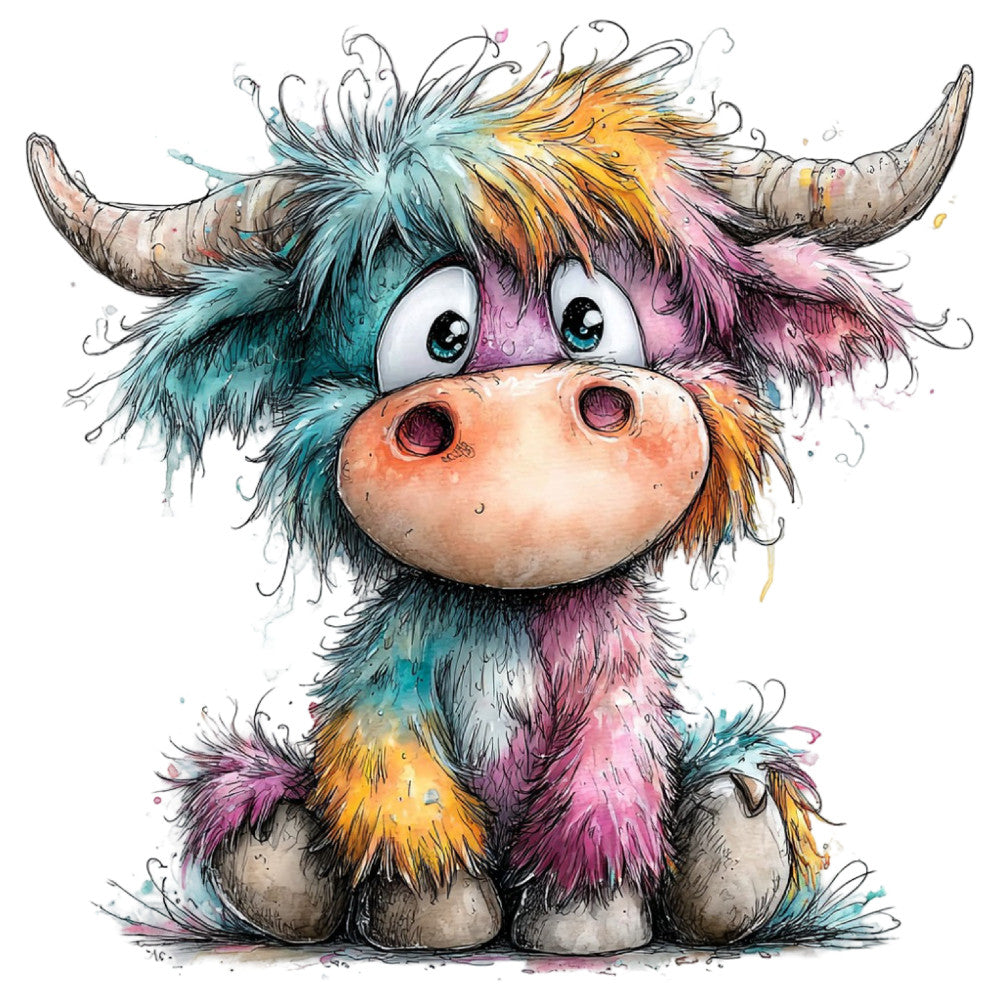 whimsical, colorful, highland cow, cattle, animal, teal, turquoise, pink, magenta, purple, orange, yellow, gold, multicolor, rainbow, cute, charming, children's, playful, illustrated, watercolor, artistic, modern, nursery, baby, wall art, decorative, nature-inspired, farmhouse, quirky