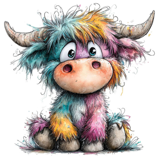 whimsical, colorful, highland cow, cattle, animal, teal, turquoise, pink, magenta, purple, orange, yellow, gold, multicolor, rainbow, cute, charming, children's, playful, illustrated, watercolor, artistic, modern, nursery, baby, wall art, decorative, nature-inspired, farmhouse, quirky