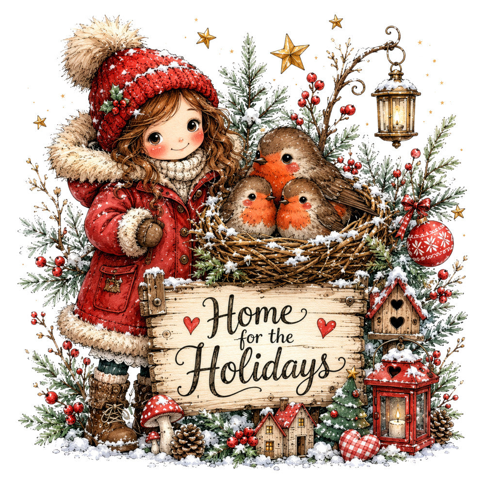 christmas, holiday, winter, red, cream, gold, forest green, robin, birds, festive, whimsical, rustic, vintage, stars, lantern, heart, snow, evergreen, berries, mushroom, cottage, nature, children's, girl, cozy, traditional, farmhouse, decorative, seasonal, nostalgic