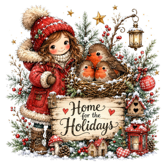 christmas, holiday, winter, red, cream, gold, forest green, robin, birds, festive, whimsical, rustic, vintage, stars, lantern, heart, snow, evergreen, berries, mushroom, cottage, nature, children's, girl, cozy, traditional, farmhouse, decorative, seasonal, nostalgic