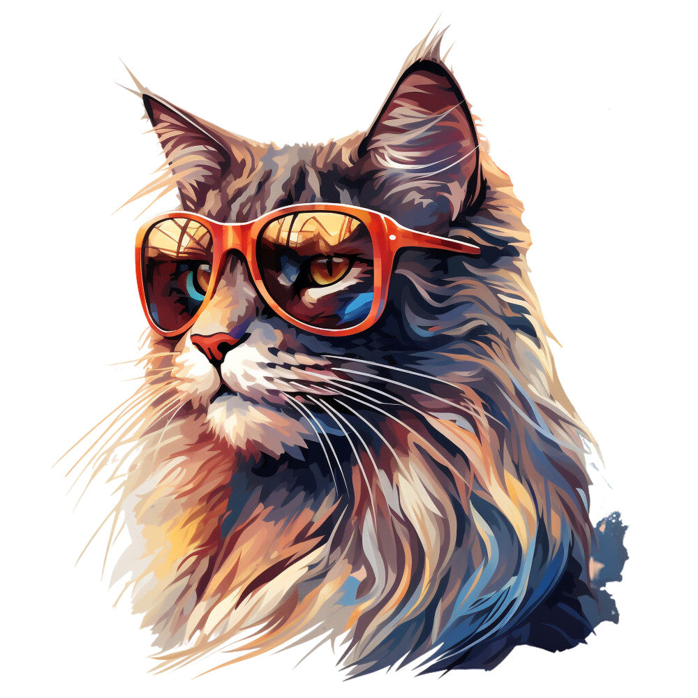 fabric panel, cat portrait, sunglasses, orange frames, long-haired cat, fluffy fur, whiskers, pointed ears, amber eyes, warm tones, brown shades, cream colors, blue accents, artistic illustration, stylized design, pet themed, trendy accessories, cool cat, modern art style, quilting cotton