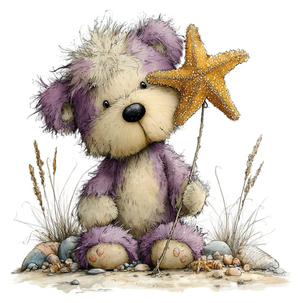 cute teddy bear, purple, cream, golden yellow, starfish, beach theme, coastal, whimsical, children's, animal, nautical, sea creature, playful, illustration, decorative panel, baby quilt, nursery, soft colors, nature, summer, seaside, adorable character, fantasy, storybook, youth, juvenile, sandy beach, shells, grasses, character fabric