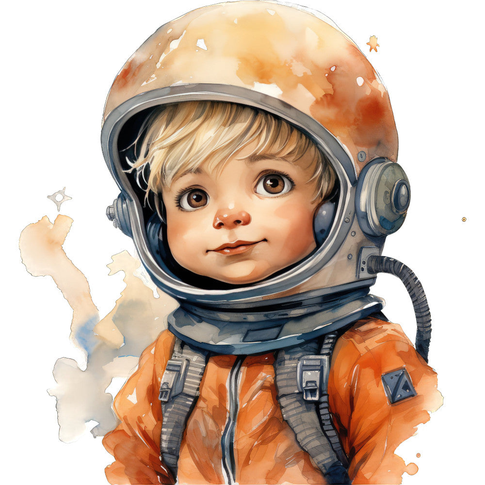 space explorer, astronaut, baby boy, children's, whimsical, cute, playful, orange, peach, cream, tan, beige, gray, celestial, stars, planets, mars, space theme, adventure, nursery, baby quilt, wall hanging, modern, illustration, watercolor, young child, toddler, gender neutral, cosmic, space suit