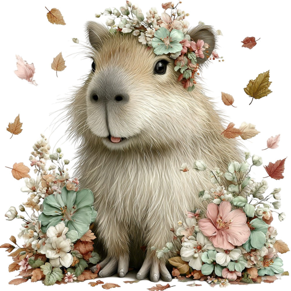 cream guinea pig, floral, woodland animals, autumn leaves, fall foliage, dusty rose, sage green, cream white, blush pink, tan brown, whimsical, nature-themed, cute animals, flower crown, seasonal, autumn harvest, vintage botanical, cottage core, rustic charm, forest animals, delicate florals, pastel colors, baby quilt, wall hanging, nursery decor, children's fabric, girly, romantic, nature lover, woodland creature