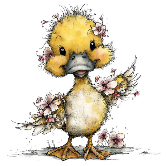 golden yellow, soft pink, cream white, charcoal gray, fluffy duckling, whimsical animals, spring flowers, floral design, baby animals, sweet illustration, cute character, pastoral theme, nature inspired, children's fabric, baby quilt, nursery decor, springtime, delicate florals, watercolor style, charming, playful, farmyard, duckling with flowers, adorable, soft colors, storybook style, gentle illustration, innocent theme, young child friendly