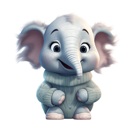 baby elephant, pajamas, sweater, knitted clothing, gray, blue, teal, white, cute animal, cartoon style, children's fabric, nursery decor, fabric panel, quilting cotton, adorable character, soft colors, whimsical design, baby animal, cozy theme, kawaii style