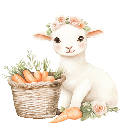 cute lamb, white lamb, baby animal, farm animal, floral crown, peach rose, coral pink, sage green, cream white, basket of carrots, vegetables, rustic farmhouse, whimsical, pastoral, spring, easter, baby quilt, nursery decor, children's fabric, gentle illustration, watercolor style, soft colors, nature theme, garden theme, countryside, sweet animal, adorable character, decorative panel, wall hanging, baby shower