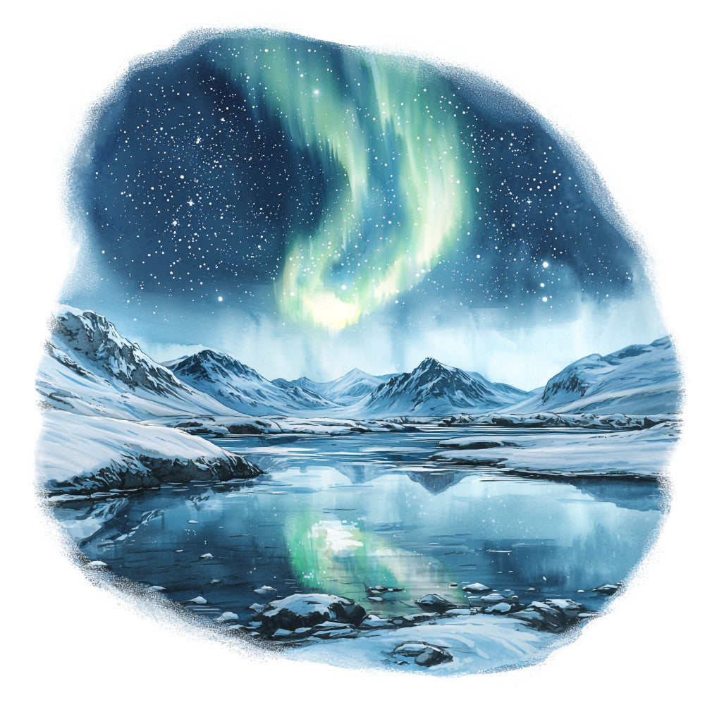 arctic landscape, northern lights, aurora borealis, snow-covered mountains, frozen lake, winter scene, teal blue, sage green, icy white, starry night sky, reflective water, quilting panel, fabric panel, polar region, serene atmosphere, nature scene, watercolor style, geometric circle, scenic vista, pristine wilderness