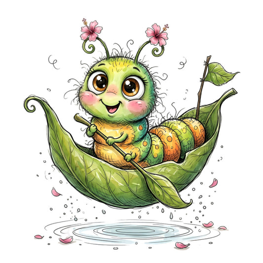 lime green, chartreuse, golden yellow, coral pink, sage green, whimsical, caterpillar, insects, nature, spring, garden, flowers, cute, children's, playful, fantasy, magical, bug, leaf pod, pea pod, illustrated, storybook, juvenile, nursery, animal, whimsy, botanical, enchanted, dreamy