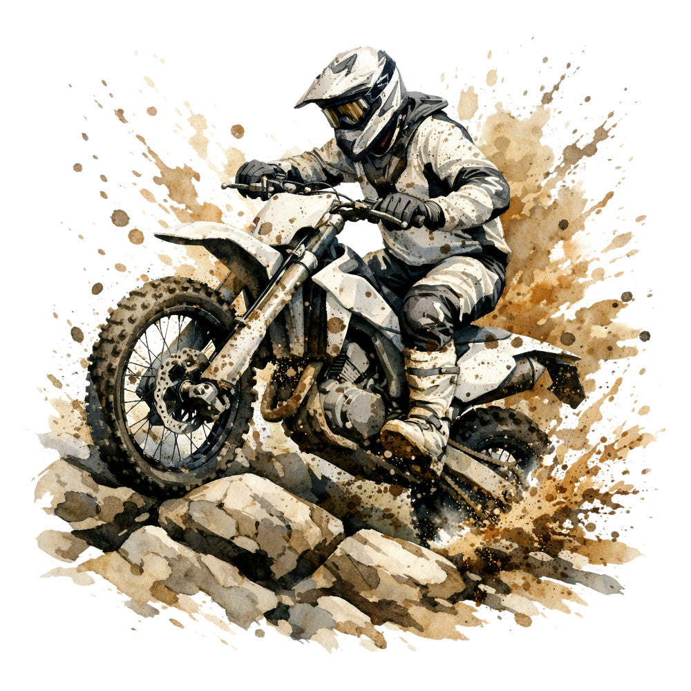 dirt bike, motocross, off-road, sports, action, adventure, extreme sports, tan, beige, cream, brown, khaki, watercolor, splatter, grunge, abstract, masculine, rustic, energetic, dynamic, dirt splatter, dust clouds, vehicle, motorcycle, boys, men, daredevil, athletic, outdoor sports, contemporary