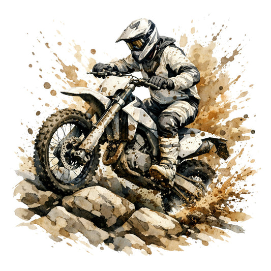 dirt bike, motocross, off-road, sports, action, adventure, extreme sports, tan, beige, cream, brown, khaki, watercolor, splatter, grunge, abstract, masculine, rustic, energetic, dynamic, dirt splatter, dust clouds, vehicle, motorcycle, boys, men, daredevil, athletic, outdoor sports, contemporary