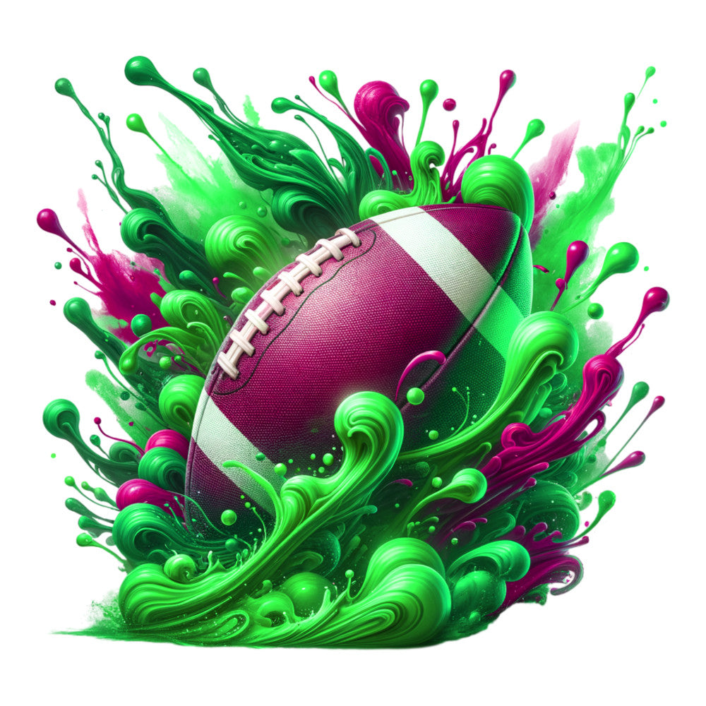 watercolor football, splash effect, bright green, magenta pink, purple football, white stripes, dynamic motion, paint splashes, sports theme, fabric panel, quilting cotton, energetic design, liquid paint, swirling patterns, athletic motif, vibrant colors, abstract splashes, football laces, fluid art style, crafting fabric